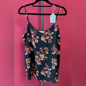 Floral Spaghetti Strap Cami Top - Black with Coral & Yellow Flowers